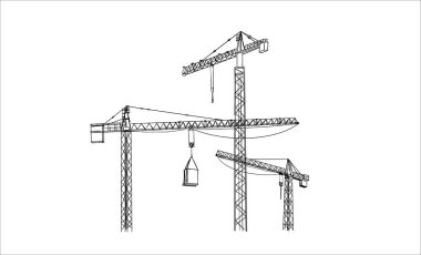 Yapı vinçleri elle çizilmiş. Kancalı ve çerçeveli kule vinçleri, kalem çizgisi sanatında inşaat malzemeleri. Mimarlık veya mühendislik için siyah ve beyaz vektör çizimi