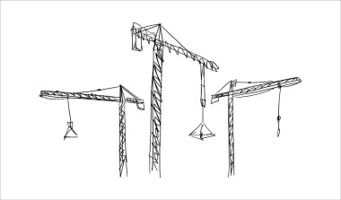 Yapı vinçleri elle çizilmiş. Kancalı ve çerçeveli kule vinçleri, kalem çizgisi sanatında inşaat malzemeleri. Mimarlık veya mühendislik için siyah ve beyaz vektör çizimi