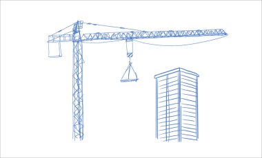 Yapı vinçleri ve binaları elle çizilmiş bir taslak çiziyor. Kule vinçleri bitmemiş yapıların yakınındaki malzemeleri kaldırıyor. İnşaat temaları için kalem satırı sanatı, siyah beyaz vektör