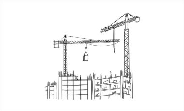 Yapı vinçleri ve binaları elle çizilmiş bir taslak çiziyor. Kule vinçleri bitmemiş yapıların yakınındaki malzemeleri kaldırıyor. İnşaat temaları için kalem satırı sanatı, siyah beyaz vektör