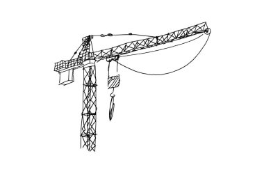 Yapı vinçleri elle çizilmiş. Kancalı ve çerçeveli kule vinçleri, kalem çizgisi sanatında inşaat malzemeleri. Mimarlık veya mühendislik için siyah ve beyaz vektör çizimi