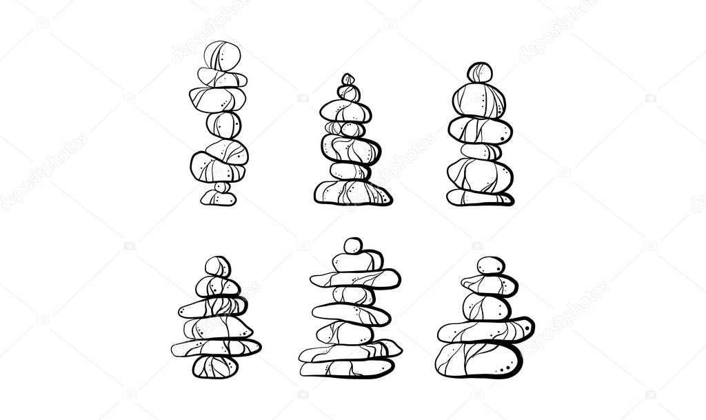Balanced stone cairns forming a pyramid like pile, symbolizing zen, harmony, and meditation. Minimalist composition, peace, tranquility, and mindfulness. Wellness, spa, nature and relax concept vector