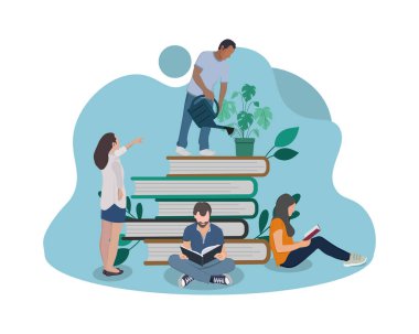 İnsanlar uluslararası okur yazarlık gününü ve mutlu öğrenci gününü bilgisayarlar üzerinde çalışarak ve kitap okuyarak kutluyor. Düz vektör illüstrasyon tasarımı