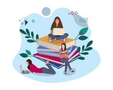 İnsanlar uluslararası okur yazarlık gününü ve mutlu öğrenci gününü bilgisayarlar üzerinde çalışarak ve kitap okuyarak kutluyor. Düz vektör illüstrasyon tasarımı