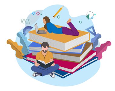 İnsanlar uluslararası okur yazarlık gününü ve mutlu öğrenci gününü bilgisayarlar üzerinde çalışarak ve kitap okuyarak kutluyor. Düz vektör illüstrasyon tasarımı