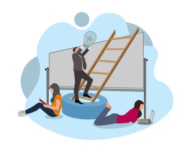 İnsanlar uluslararası okur yazarlık gününü ve mutlu öğrenci gününü bilgisayarlar üzerinde çalışarak ve kitap okuyarak kutluyor. Düz vektör illüstrasyon tasarımı