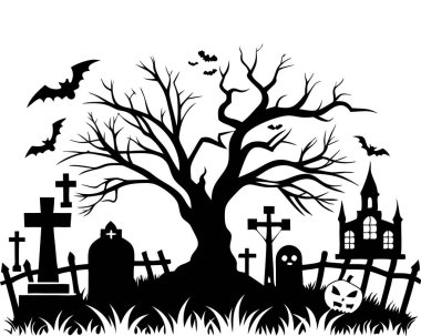 Cadılar Bayramı mezarlığı siluet tasarımı beyaz arkaplan