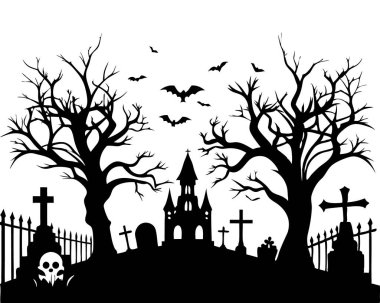 Cadılar Bayramı mezarlığı siluet tasarımı beyaz arkaplan