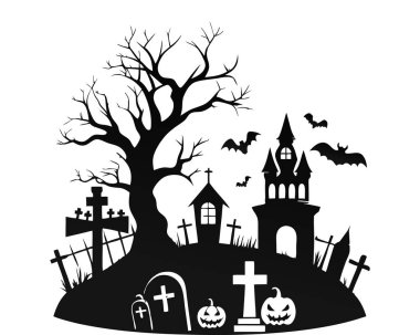 Cadılar Bayramı mezarlığı siluet tasarımı beyaz arkaplan