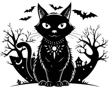 Cadılar Bayramı siyah kedi silueti tasarımı beyaz arkaplan