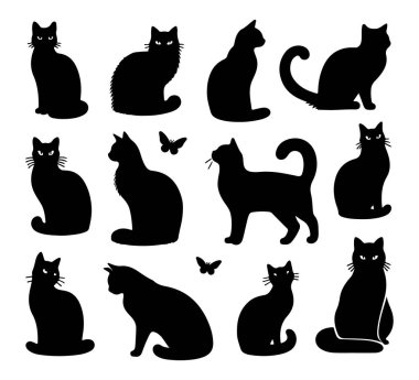 kedi demeti silueti vektör biçiminde, beyaz arkaplanda koyu siyah.