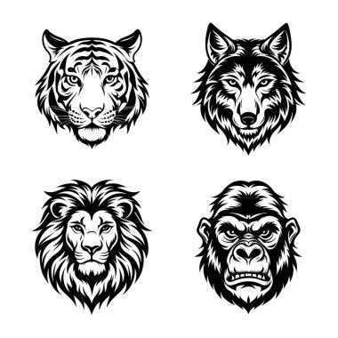 Vektör klipsi sanat tarzı hayvanlar dövmeli siluet demeti beyaz arka planda