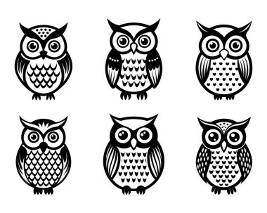 Beyaz arkaplan ile vektör stili klipsleme sanatında baykuş silueti demeti ayarlandı