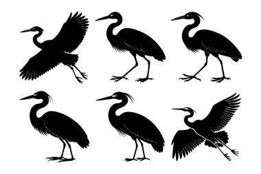 Vector clip art style heron silhouette bundle set with white background clipart