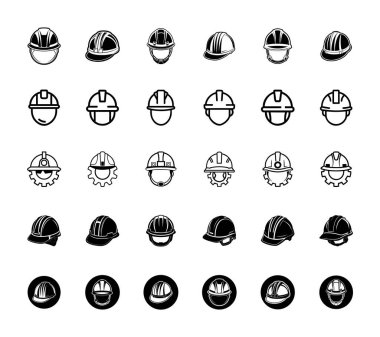 İşçi miğferi simgesi paketi siluet biçimi vektöründe ayarlandı