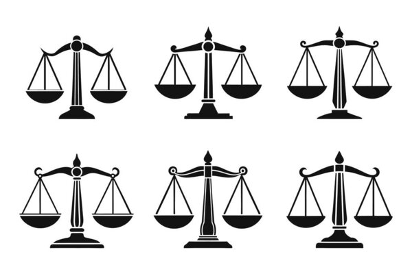 A set of balance scale outline icons with flat vector