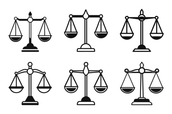 A set of balance scale outline icons with flat vector