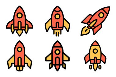 Roket simgesi dizisi düz dış hat vektörü ile izole edildi