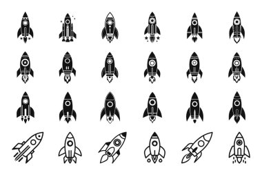 Roket simgesi dizisi düz dış hat vektörü ile izole edildi