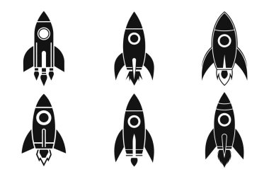 Roket simgesi dizisi düz dış hat vektörü ile izole edildi