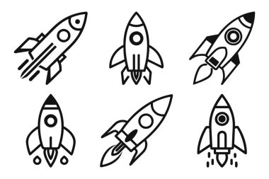 Roket simgesi dizisi düz dış hat vektörü ile izole edildi