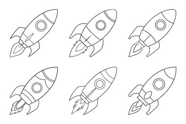 Roket simgesi dizisi düz dış hat vektörü ile izole edildi