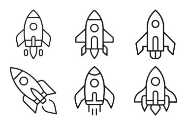 Roket simgesi dizisi düz dış hat vektörü ile izole edildi