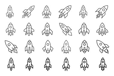 Roket simgesi dizisi düz dış hat vektörü ile izole edildi