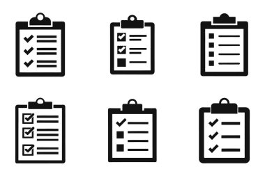 Bir kontrol listesi ve pano görev simgesi beyaz arkaplan üzerine ana hatlı siluet simgeleri ayarladı