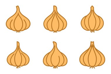 Beyaz arkaplanda bir dizi soğan ana hatlı siluet simgesi