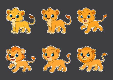 Tatlı çizgi film bebek aslan vektör taslağı ve çıkartması düz çizim.