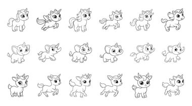 Şirin bir çizgi film fili ve geyik boynuzlu atı karakter boyama sayfası çıkartma mega paket setiyle.