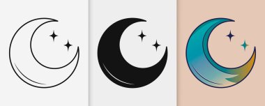 Hilal halindeki İslami ay, bayram kutlamaları için izole edilmiş düz vektör çizelgesinde yıldız ana hatları ve silüet simgesi oluşturuldu.