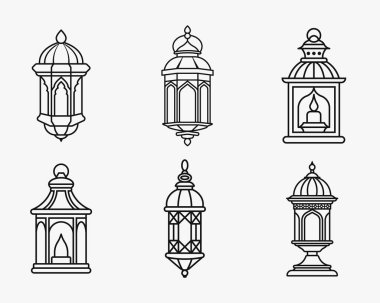 İslami fener ana hatları, bayram kutlaması için izole edilmiş düz çizgi sanat vektörü illüstrasyonunda belirlenmiş ikon destesi