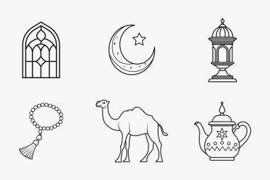 İslam festivali ve geleneksel özet unsurları, ramazan ve bayram için izole edilmiş düz çizgi sanat vektörü illüstrasyonunda ayarlandı
