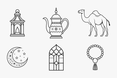 İslam festivali ve geleneksel özet unsurları, ramazan ve bayram için izole edilmiş düz çizgi sanat vektörü illüstrasyonunda ayarlandı