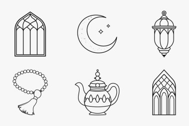 İslam festivali ve geleneksel özet unsurları, ramazan ve bayram için izole edilmiş düz çizgi sanat vektörü illüstrasyonunda ayarlandı