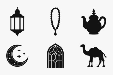 İslam festivali ve geleneksel siluet elementleri, ramazan ve bayram için siyah ve beyaz izole edilmiş düz vektör illüstrasyonunda ayarlandı