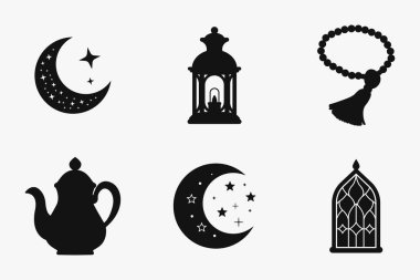 İslam festivali ve geleneksel siluet elementleri, ramazan ve bayram için siyah ve beyaz izole edilmiş düz vektör illüstrasyonunda ayarlandı