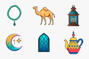 İslam festivali ve geleneksel vektör unsurları, Ramazan ve bayram için renkli düz izole bir resimle ayarlandı