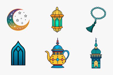 İslam festivali ve geleneksel vektör unsurları, Ramazan ve bayram için renkli düz izole bir resimle ayarlandı