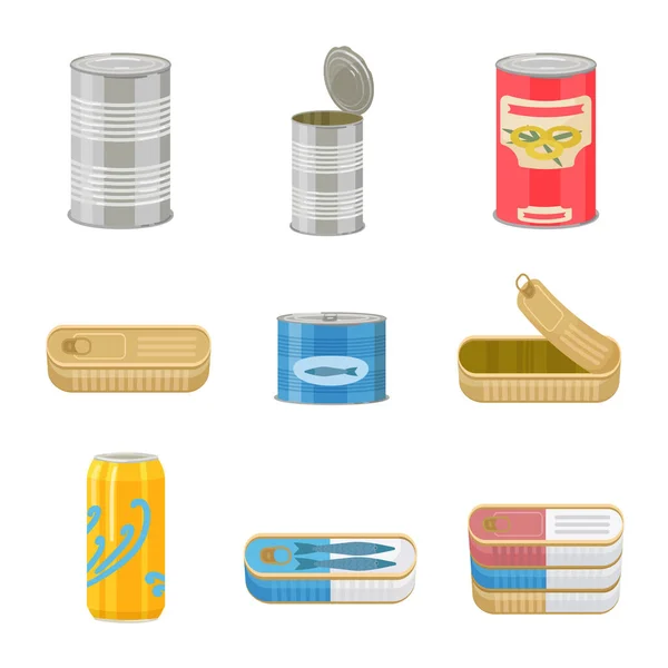 Tin Can Icons Set Cartoon Vector Tin Can Corn Grocery — Stock Vector