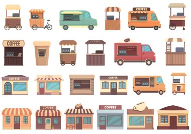 Sokak kahvesi ikonları çizgi film vektörlerini ayarlıyor. Minibüs. Sokak kamyonu