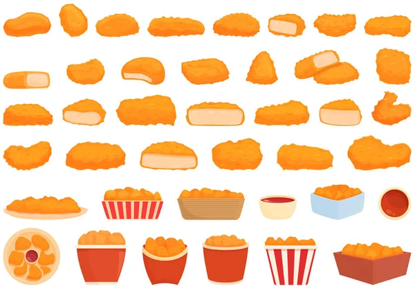 Pollo Nuggets Iconos Conjunto Vector Dibujos Animados Cesta Parrilla Cocinero — Archivo Imágenes Vectoriales