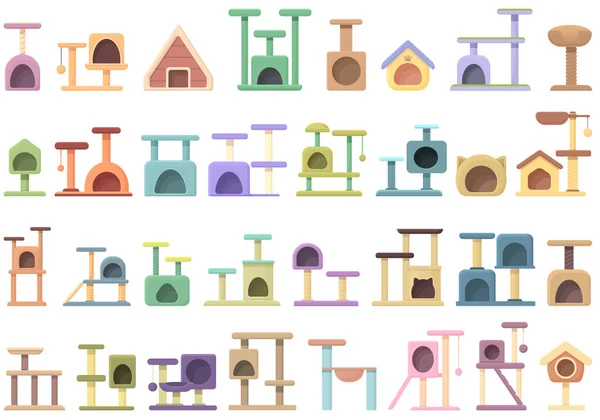 Katzenhaus Symbole Setzen Cartoon Vektor Baumturm Hauspost — Stockvektor