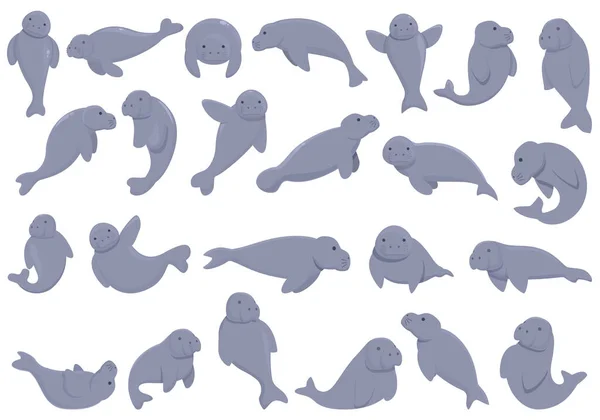 Иконки Dugong Устанавливают Вектор Мультфильмов Водное Животное Водный Персонаж — стоковый вектор