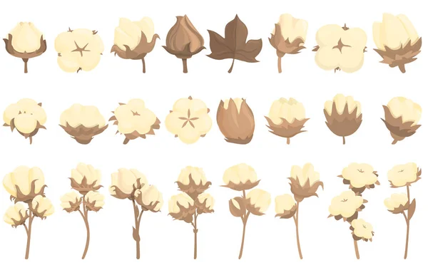 Cotton Icons Set Cartoon Vector Fabric Flower Soft Bud — Stock Vector
