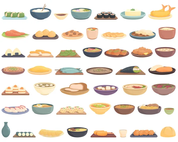 Icônes Alimentaires Japonais Mis Vecteur Dessin Animé Tempura Japon Mochi — Image vectorielle