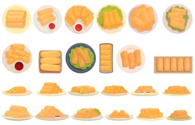 Spring roll icons set cartoon vector. Asia food. Cheese sauce clipart
