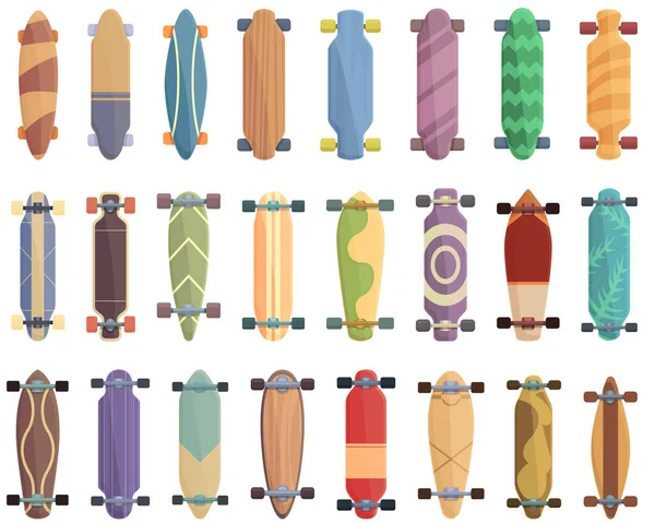 Ícones Longboard Conjunto Vetor Cartoon Skate Comprido Deck Ativo — Vetor de Stock